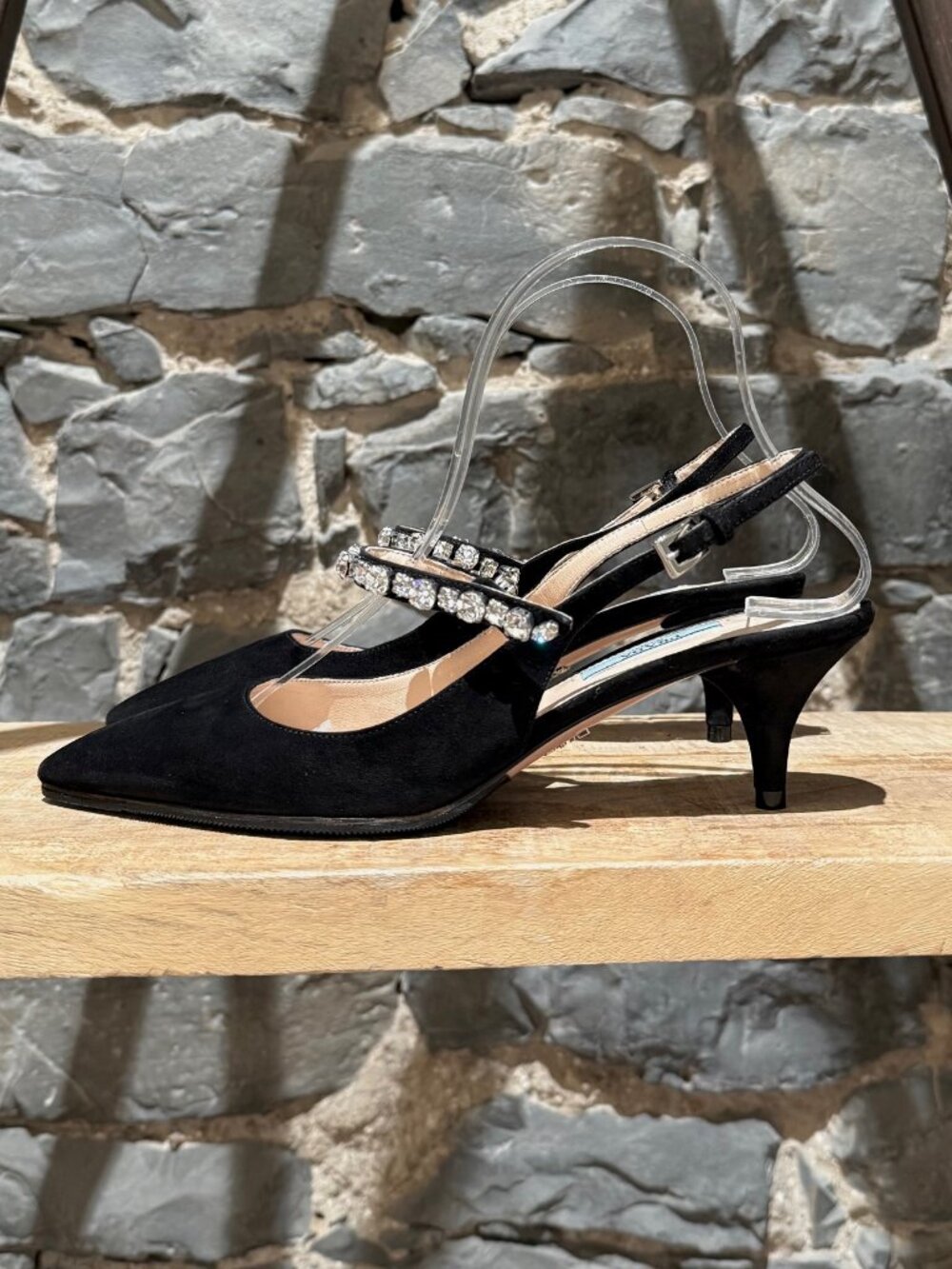 Prada Black Suede Crystal Embellished Slingback Pumps - Picture 6 of 11